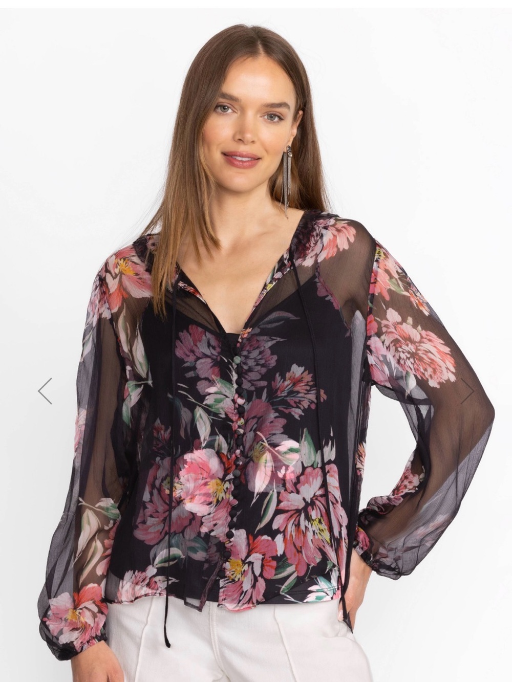 JOHNNY WAS Jade Jaycee Peasant Blouse Black Floral Size Petite Large